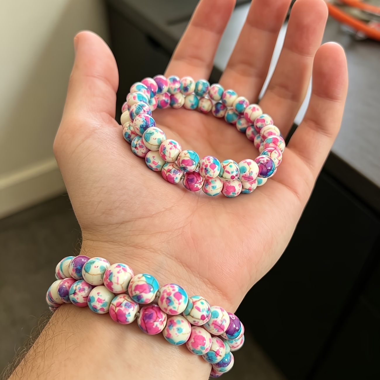 2pcs Dreamy Pink & Blue Iridescent Stone Bead Bracelet Set