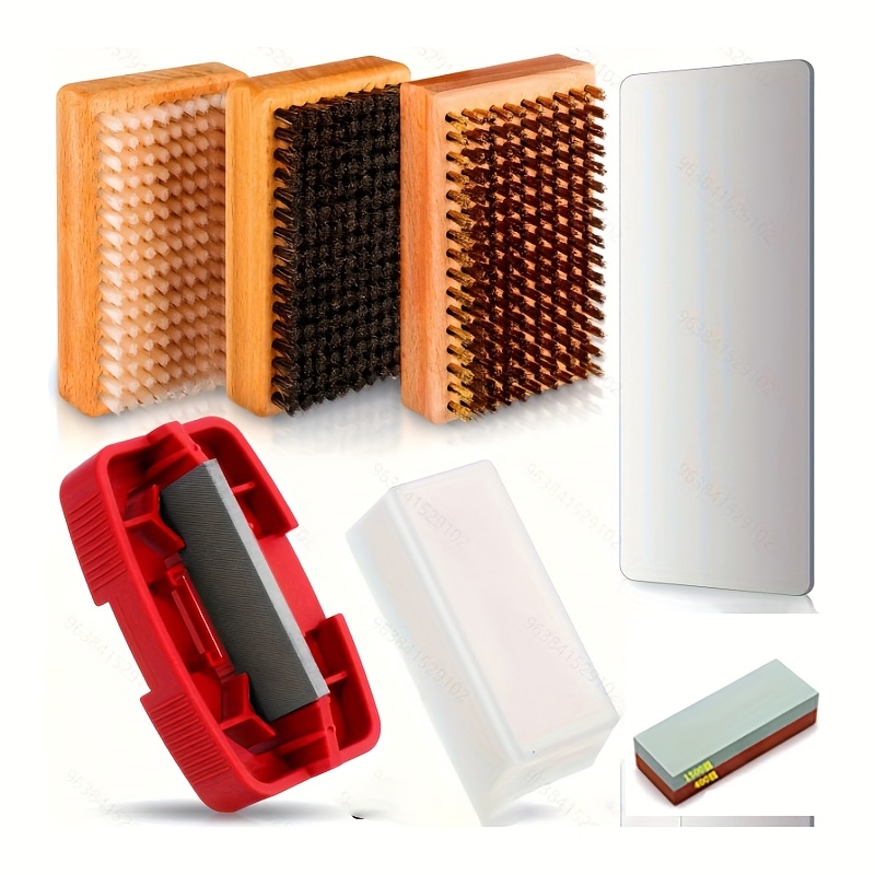 the 8pcs ski waxing kit   a set of 3 wax brushes a universal ski wax   tuner a metal scraper with an edge file and a nylon   brush set suitable for snowboards