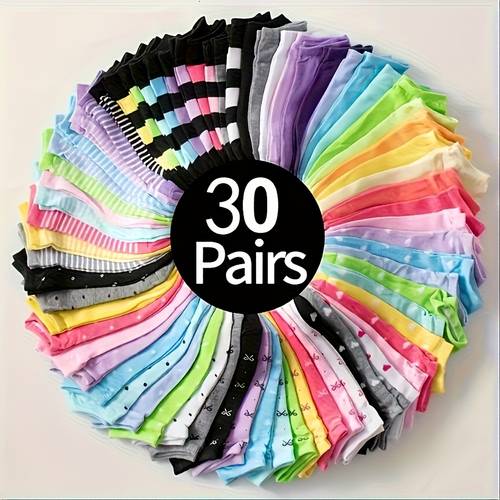 30 pairs womens candy colored socks soft breathable low cut design with fun patterns hearts stripes dots bright colors pink green yellow blue purple rainbow gradient casual fashion socks for casual attire cute socks stylish essentials prints adults