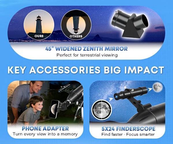 80mm Großöffnungs-Refraktor-Teleskop 180x HD, 600mm Brennweite, 24x-180x Zoom für Sternenbeobachtung Mondbeobachtung. Inklusive Handy-Adapter, Stativ, Barlowlinse, Sucherfernrohr, Mondfilter tragbarer Tragetasche. Ideal für Erwachsene, Studenten Astronomie-Anfänger. Perfekt für Weltraumforschung