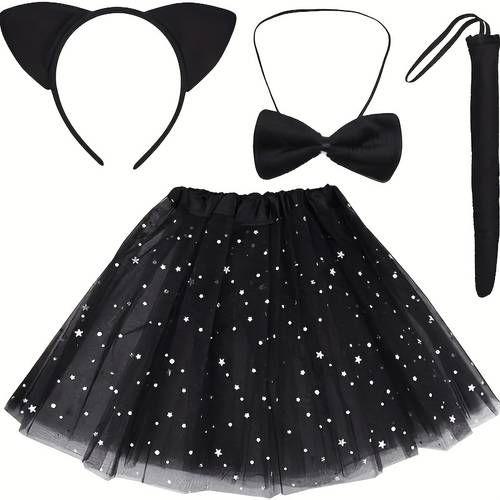 4pcs black cat costume set cat ears tail bowtie sequined tutu for halloween dress up