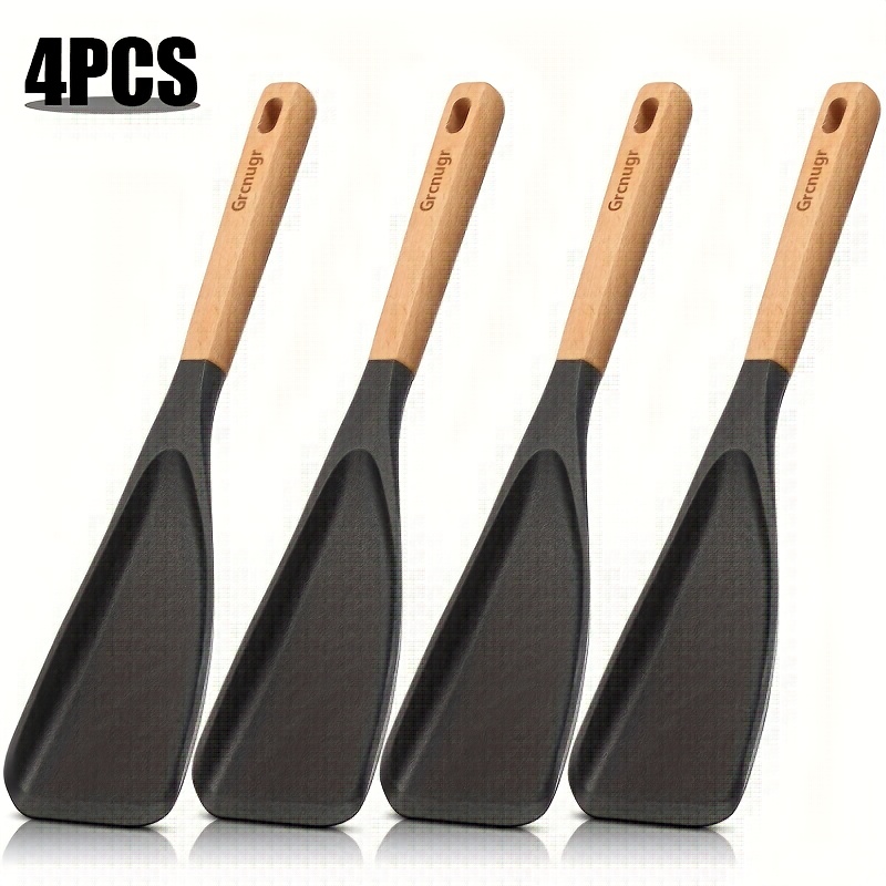 TEMU 2/4/ 5pcs Cooking Spoons For Nonstick Cookware 12 Inch Silicone Spoon Spatula With Wood Handle For Cooking, Serving, Mixing, Scoop, And Scrape, Black