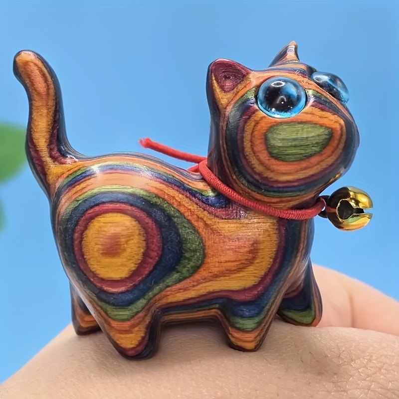 

Handcrafted Wooden Cat Figurine, Multicolored Miniature Animal Sculpture, Artisan-crafted Tabletop Decor, Unique Gift For Cat Lovers