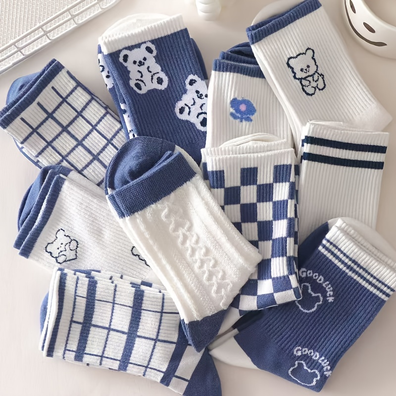 Random 5 Pairs Comfortable Blue White Checkered Floral Women's Socks
