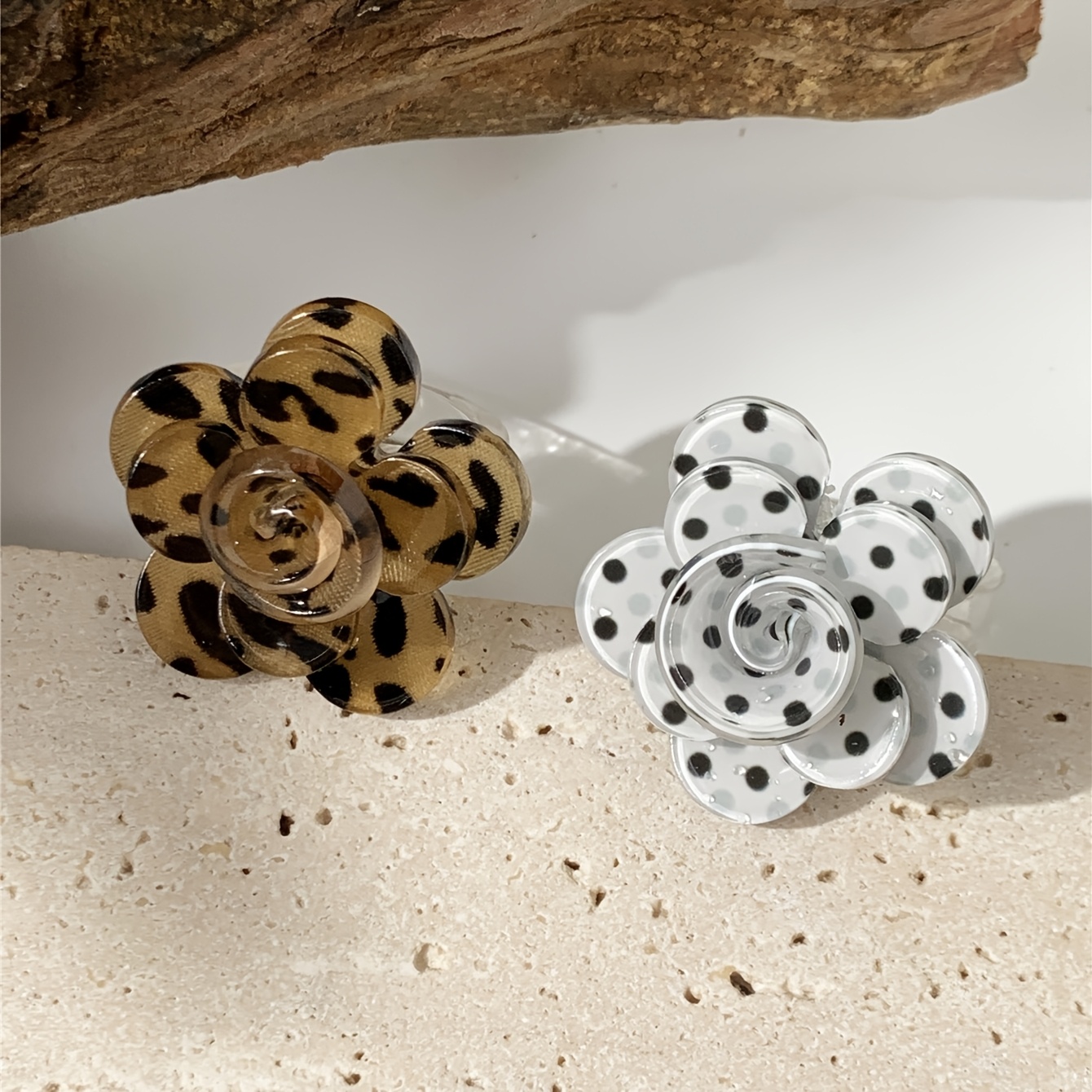 TEMU 1pc/2pcs Y2k Black And White Polka Dot 3d Embossed Rose Flower Ring, Leopard Print Polka Dot Resin Ring, Daily Personalized Minimalist Women's