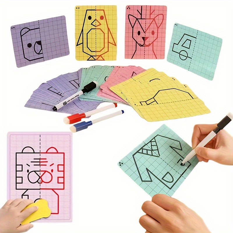 

20 Patterns Cute Cartoon Lattice Symmetrical Drawing Graphics Puzzle Toys, Fine Motor Writing Skill, Creative Concentration Train Tracing Painting Cards, Children Teaching Aids Wipe Pen Control Toy