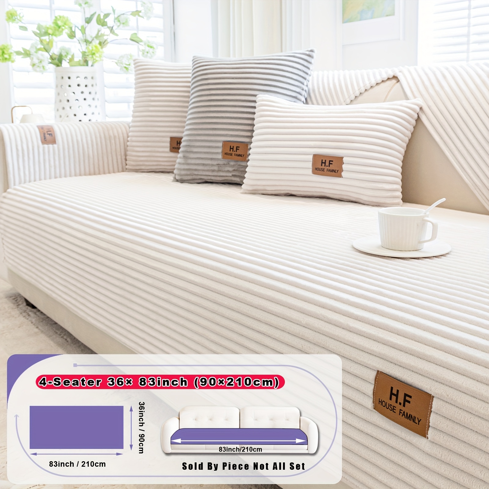 TEMU 1pc Hf Modern Plush Flannel Sofa Cushion Cover - Pet-friendly Non-slip Sofa Protector With Striped Design & Leather-like Patches, Machine