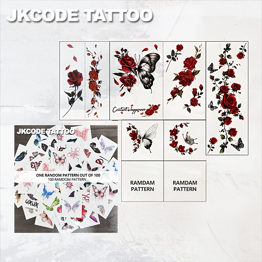 Image of 8pcs Red Rose Tattoo - Romantic Elegant Style "red Rose " Large Size Colorful Daily Temporary Tattoos, Ins Christmas Pattern Cool Girl Hand Back Neck Leg Waterproof Lasts 3-5 Days