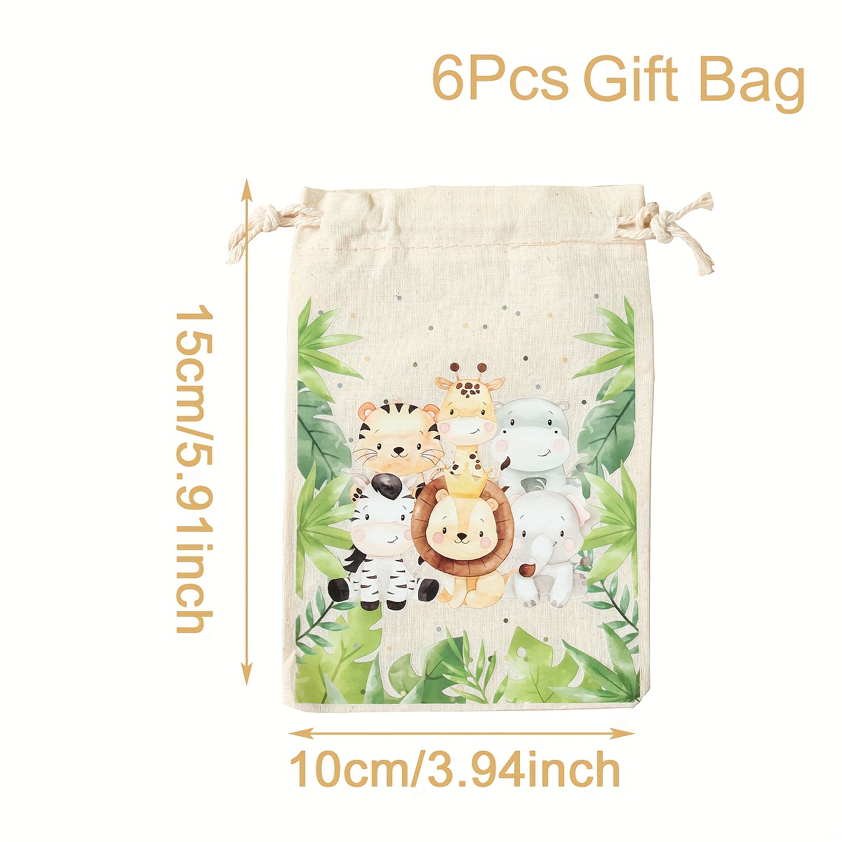 6pcs Green Leaves Jungle Animals Linen Gift Bags With Drawstring, Happy Birthday Party Decoration, 1st Birthday Supplies Candy Packing Bags