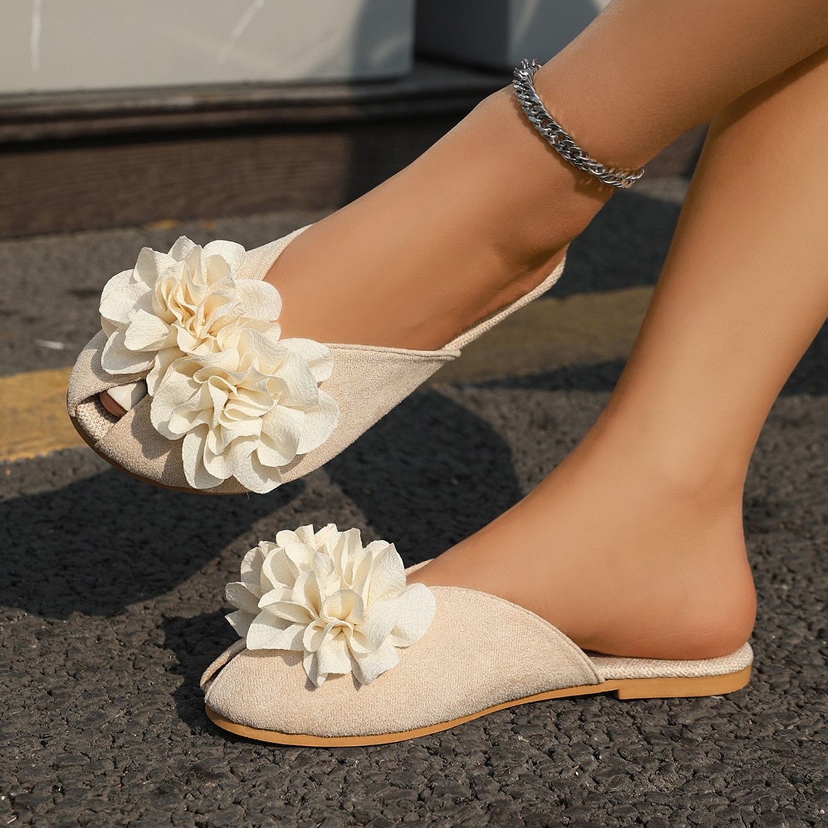 elegante beige bloemen decor open toe flat mule slippers Temu
