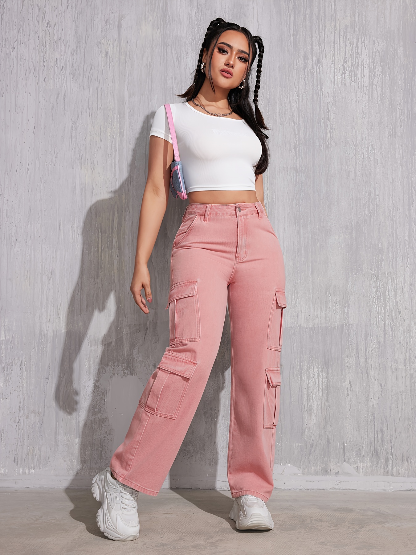 Plain Peach Color Side Flap Pocket Cargo Jeans, Loose Fit High * Casual  Kpop Y2K Denim Pants, Women's Denim Jeans & Clothing