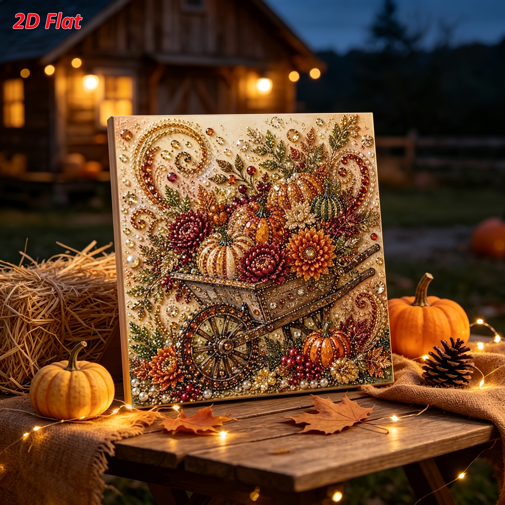 TEMU Frameless Pearl Diamond Painting Kit Autumn Wooden Handcart Pumpkin Bouquet Theme 2 Sizes 2d Flat Pre-printed Canvas Beginner Thanksgiving Home