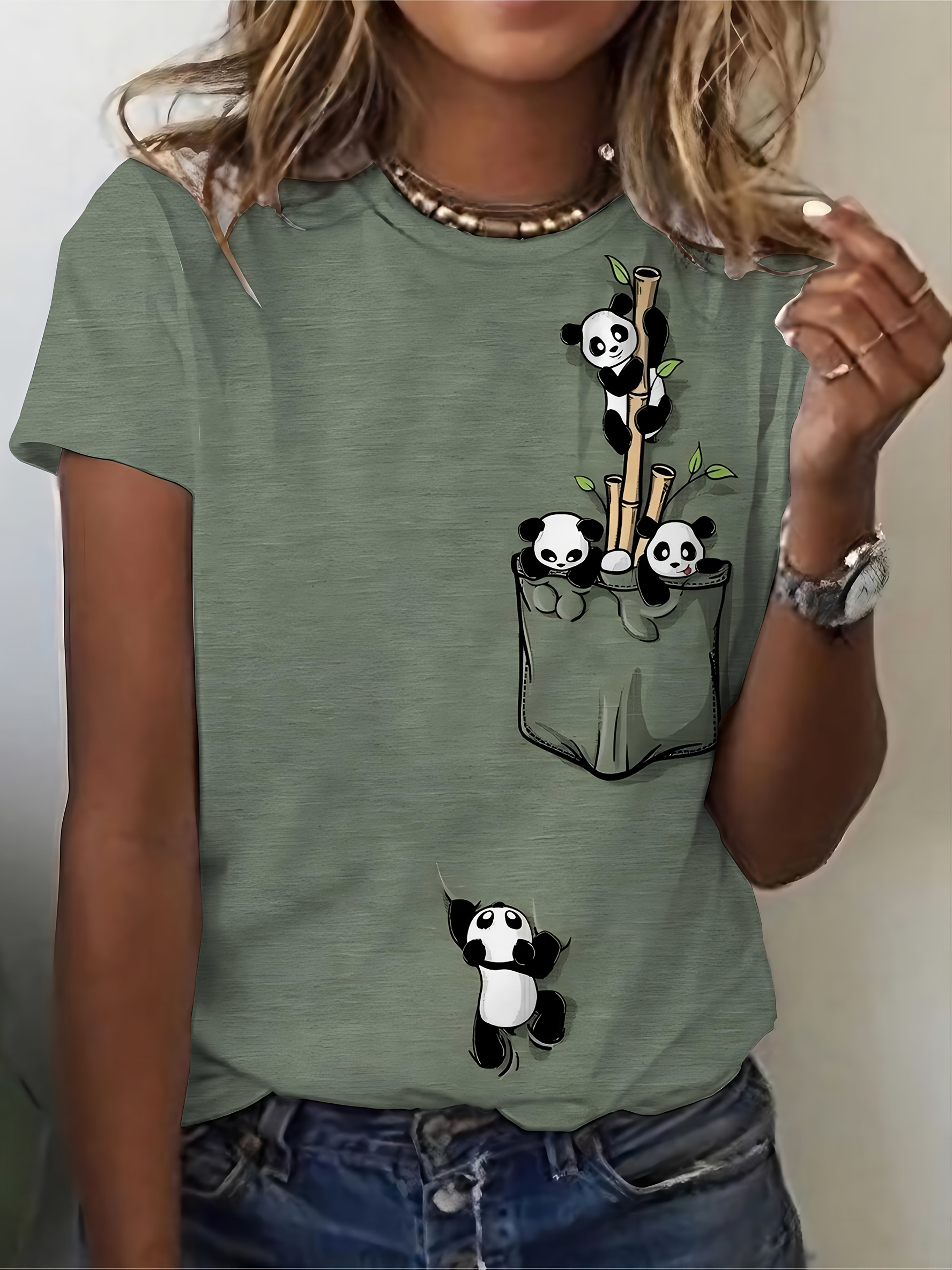 Women's Casual Elegant Panda Print Crew Neck T-Shirt - Short Sleeve Bamboo Graphic Tee, Soft Breathable Fabric, Machine Washable, Spring Summer Top, Panda Gifts, Casual Attire Shirt, Durable Print Shirt