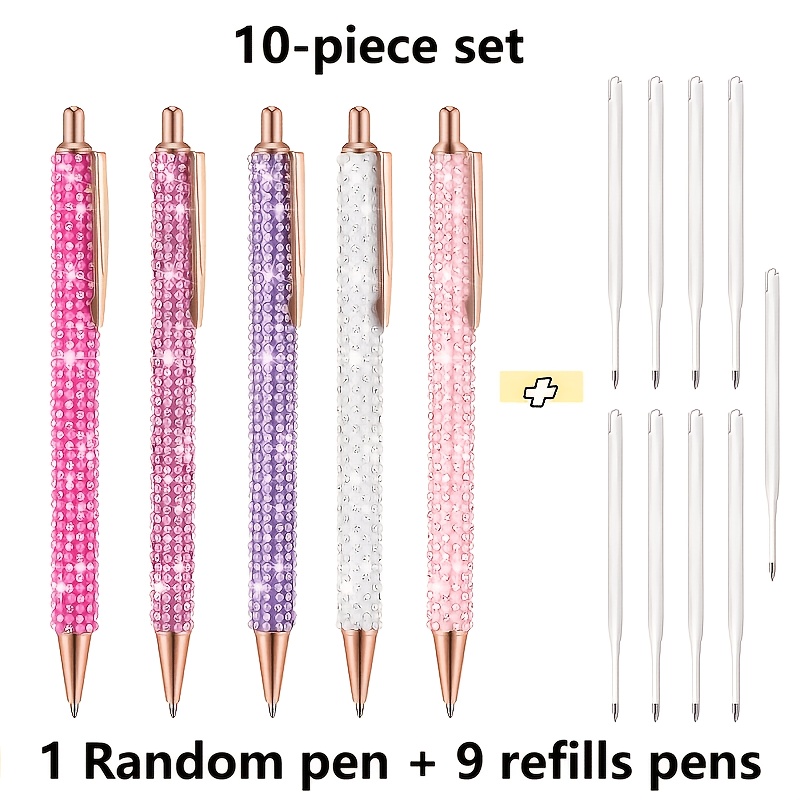 TEMU 10pcs Set Light Luxury Rhinestone Ballpoint Pen Set, 9 Refills + 1 Random Pen, Random Style, Creative Gift Writing Pen, Stylish Writing, Premium