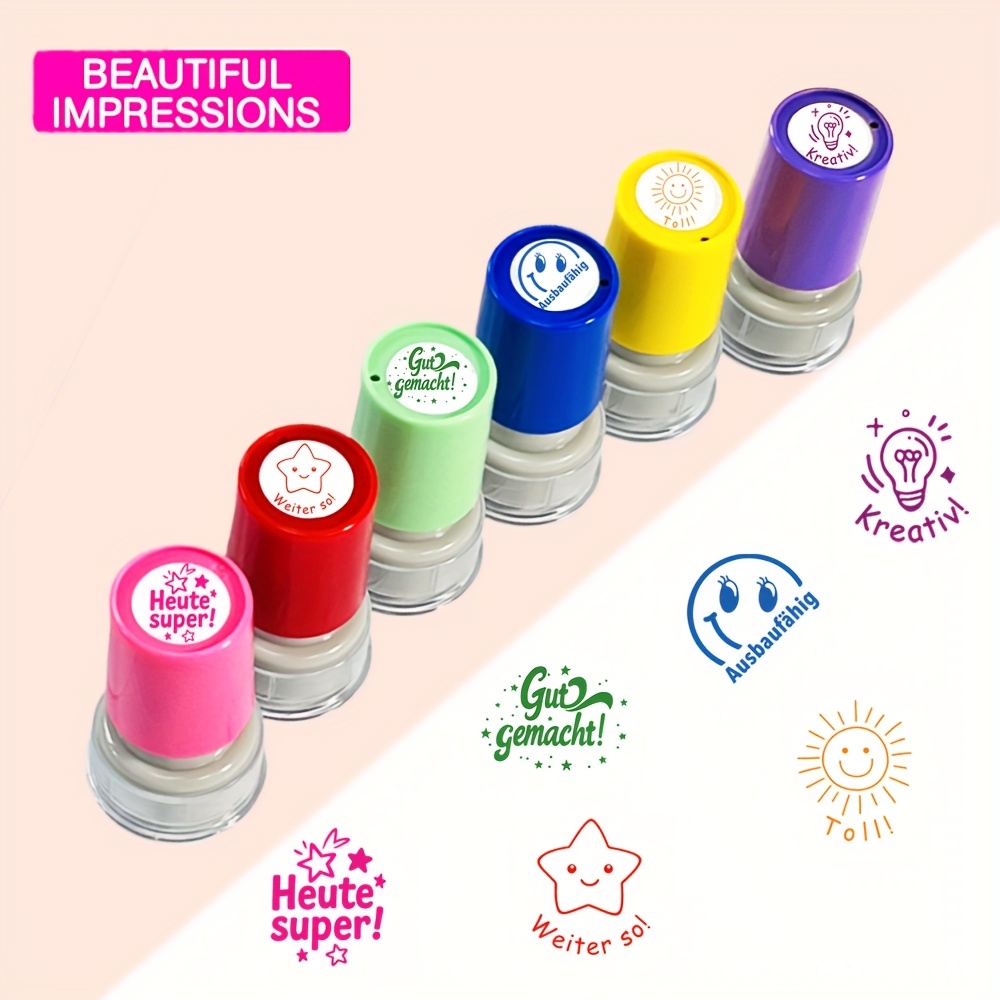 6pcs German Color Set, Teacher Comment Stamp Efficient Teaching Learning Convenient For Classroom Learning Automatic Ink Classroom Homework Correction/grading/education Review