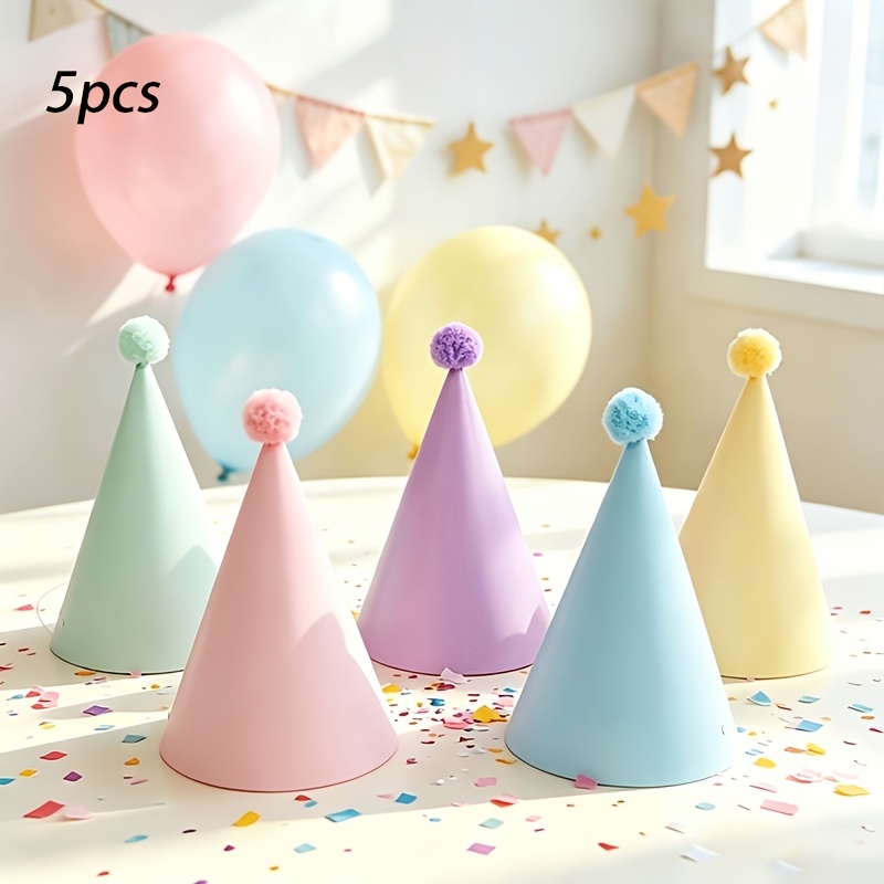 TEMU Lot de 5 paires de couvre-chefs de fête, chapeaux de fête coniques en papier de couleur unie avec pompon en fourrure, décoration de photo pour
