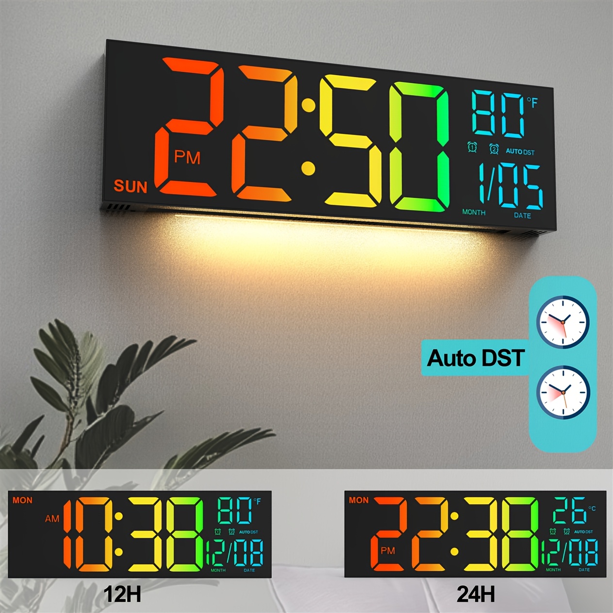 1pc Simple 40.64 cm Large Digital Wall Clock, Remote Control, Double Alarm Clock, 8 RGB Colors, DST Switch, Adjustable Brightness, Square Design Room and Bedroom Decor, Home Clock. (powered by USB)