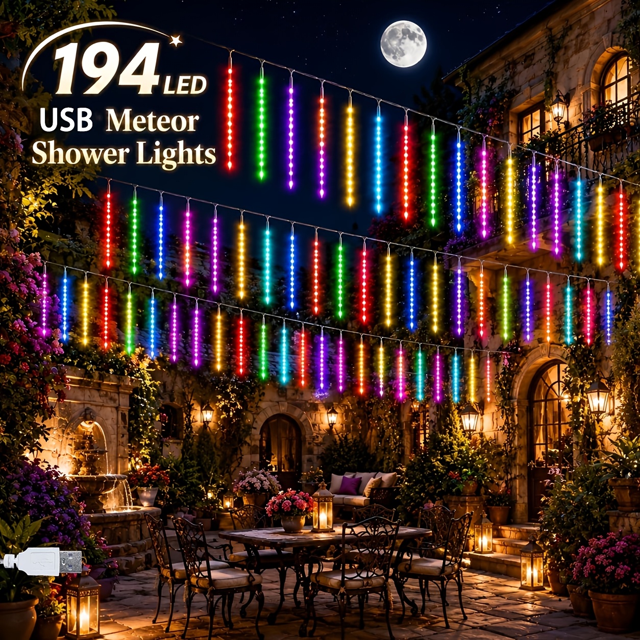 TEMU 194led Outdoor Usb-powered Meteor Shower Lights, Christmas Decor Icicle Lights With 8 , Lights, Ipx4, Holiday And Event Decoration, For Gardens,