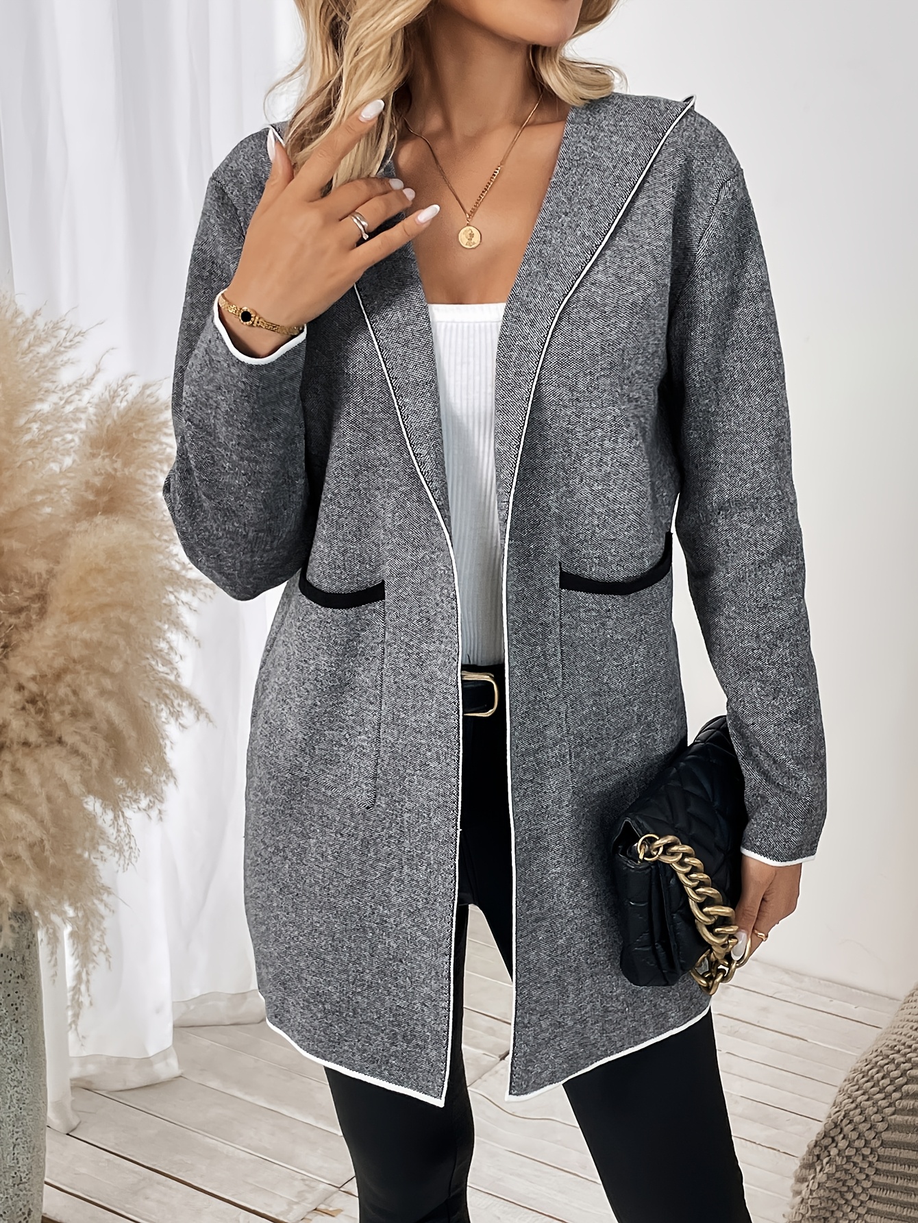 Women's Elegant Hooded Cardigan Long Sleeve *-Thigh Length with  Pockets, Black White Grid Pattern, Autumn Winter Warm Coat for Casual