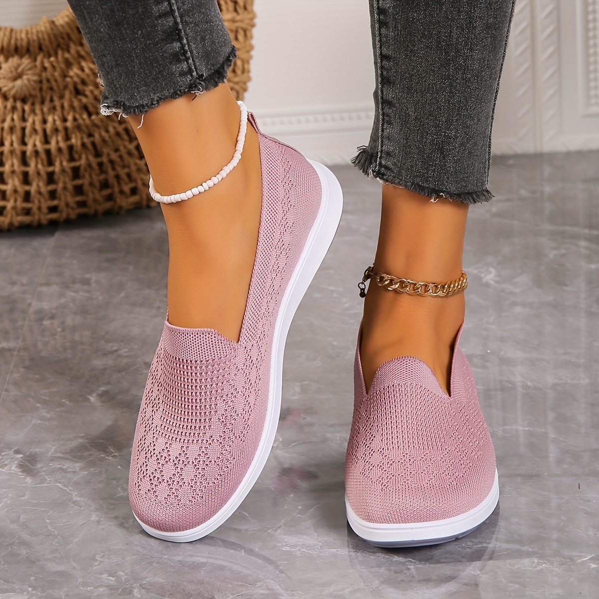Zapatillas Transpirables Tejidas Voladoras Para Mujeres, Zapatos Casuales Para Exteriores Sin Cordones, Zapatos De Trabajo Ligeros detalles 4