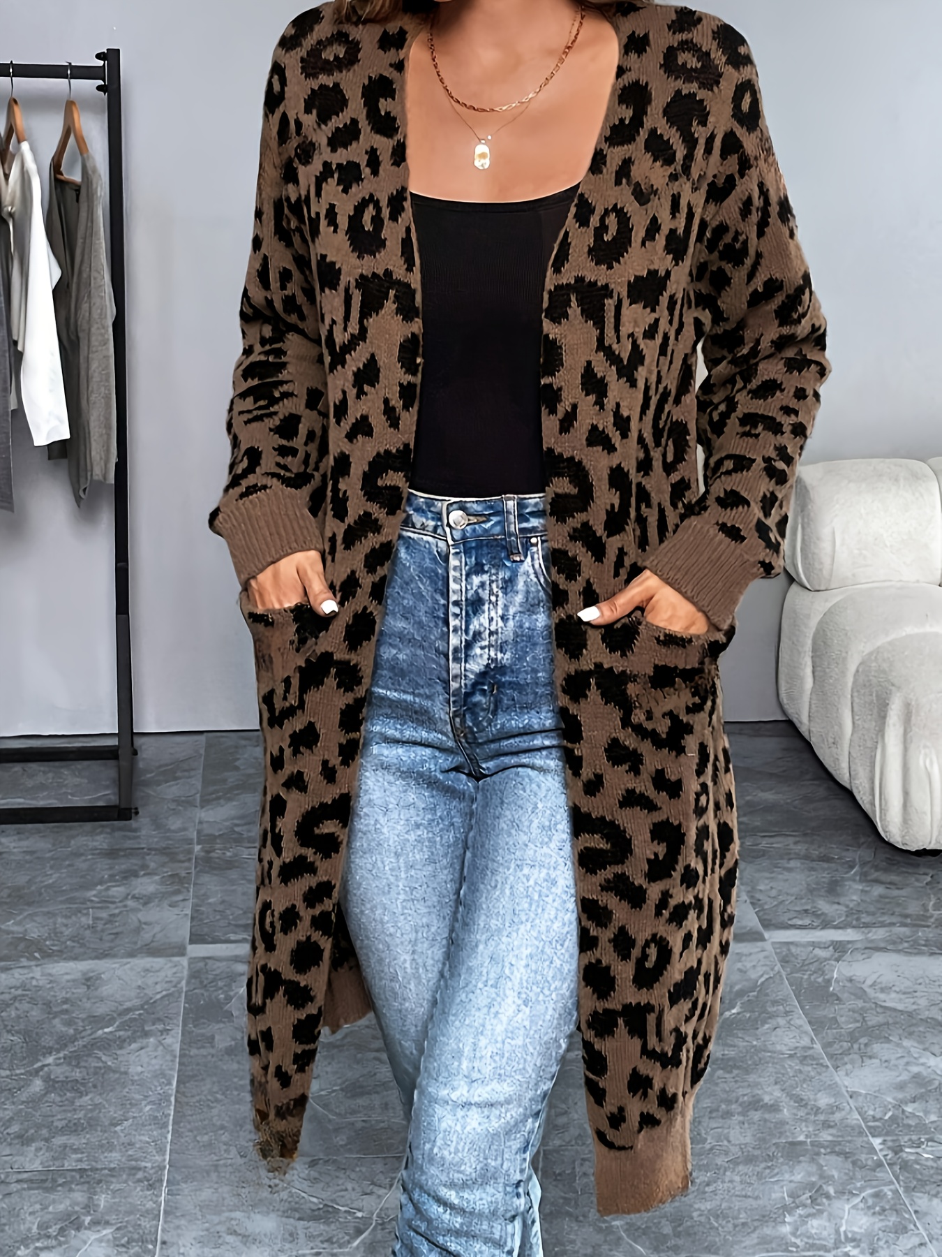 womens leopard print longline cardigan no collar open front Temu