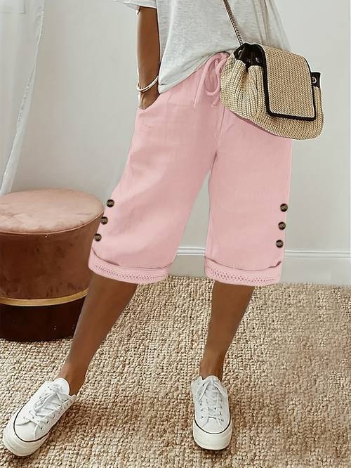 plus size womens casual solid color button decoration drawstring pants