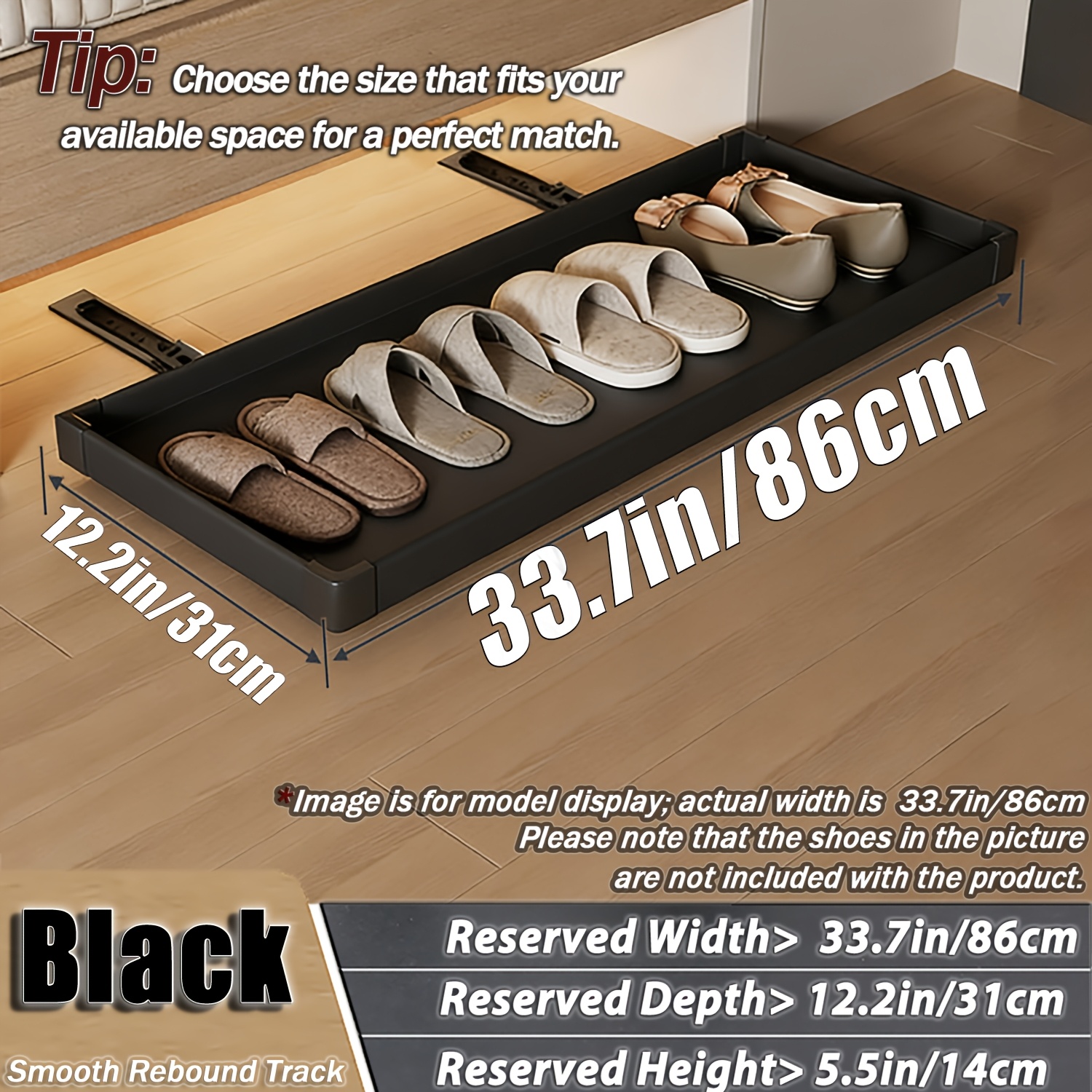 TEMU Space- Retractable Shoe Rack With Smooth Tracks - No-drill Embedded Storage, Hardwood & Metal Frame, 1-tier -tier Design For Entryway, Closet,