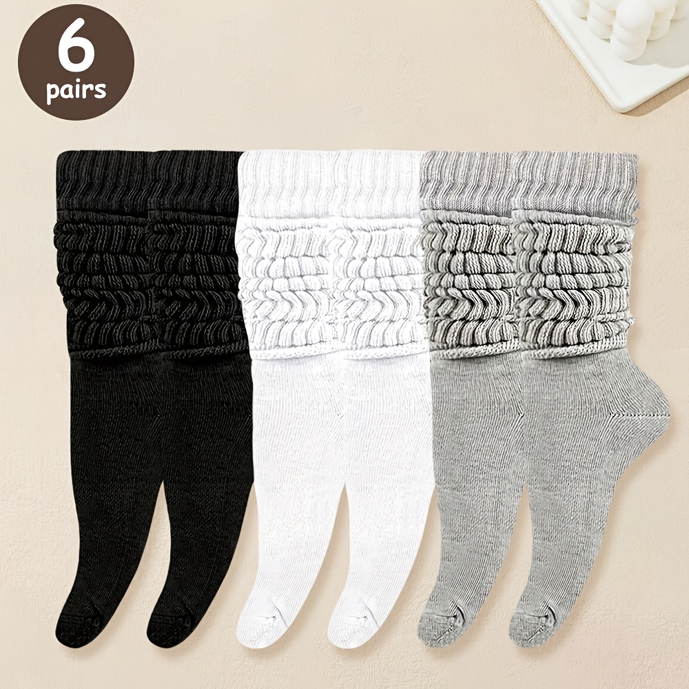 TEMU 6 Pairs Women's Mid-calf Thermal Knit Socks, Polyester 80%, Spandex 20%, Solid Color, Machine Washable, With Cute Loose Slouch Design For Spring, Autumn, Winter