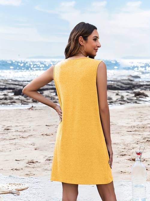 womens bohemian sleeveless dress with vibrant yellow black geometric print lightweight summer casual dress machine washable round neck beachwear for adults unique gift for individualistic friends beach fashion smooth texture fabric beach dress