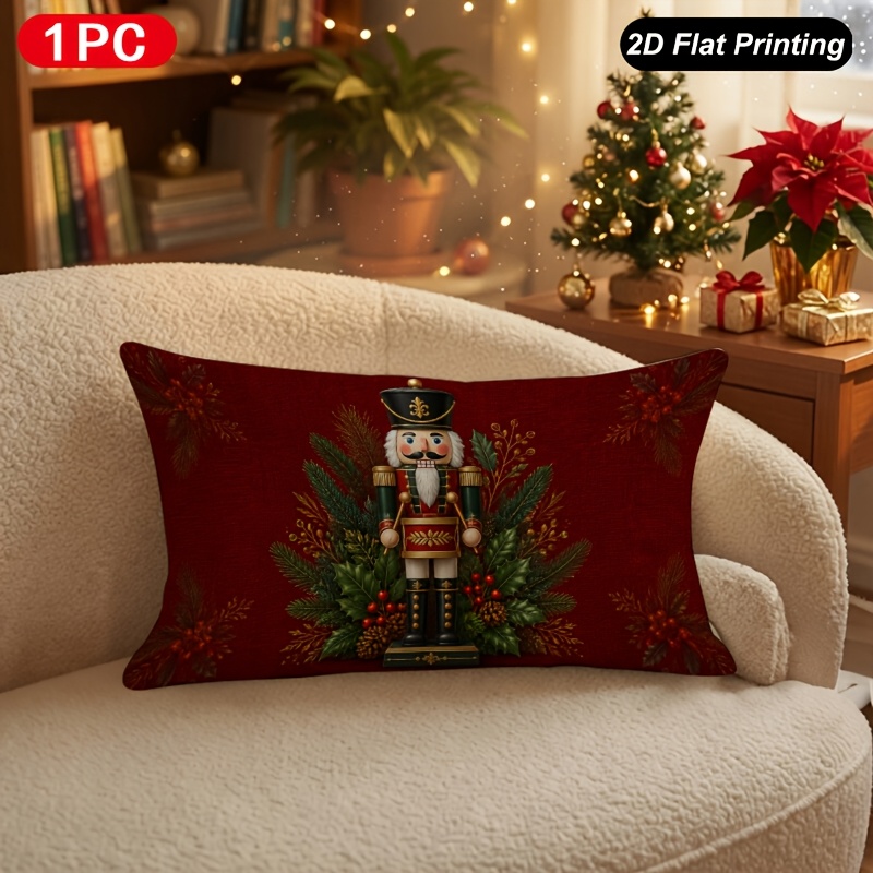TEMU 1pc 2d Flat Printing Lumbar Throw Pillow Cover Christmas Nutcracker Holly Cover For Indoor Outdoor Farm Bedroom Living Room Sofa Car Interior