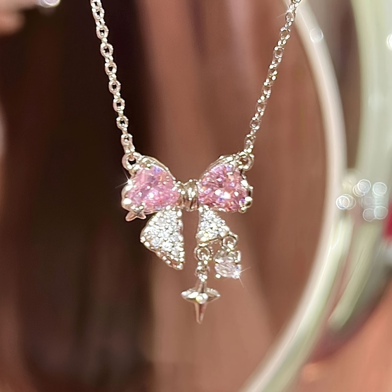   unique pink   bow necklace womens individual fashion necklace daily date jewelry gift