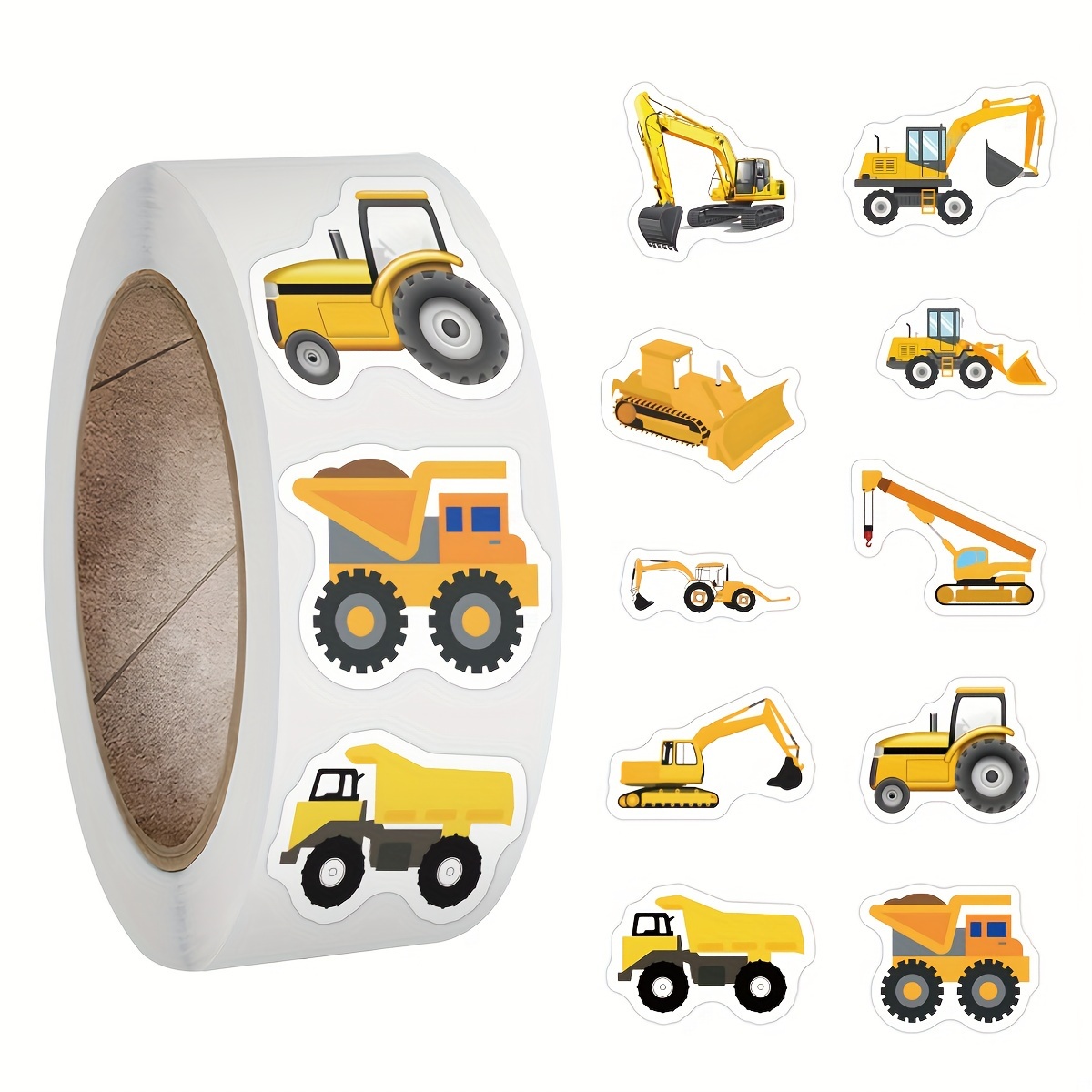 500pcs Cartoon Engineering Vehicle Vinyl Stickers Roll - Reusable, Self-Adhesive, Glossy Finish Stickers for Scrapbooking, Journaling, Laptop, Bumper, Skateboard, Water Bottles, Phone - Mixed Color, Crystal Embellishment, Irregular Shape