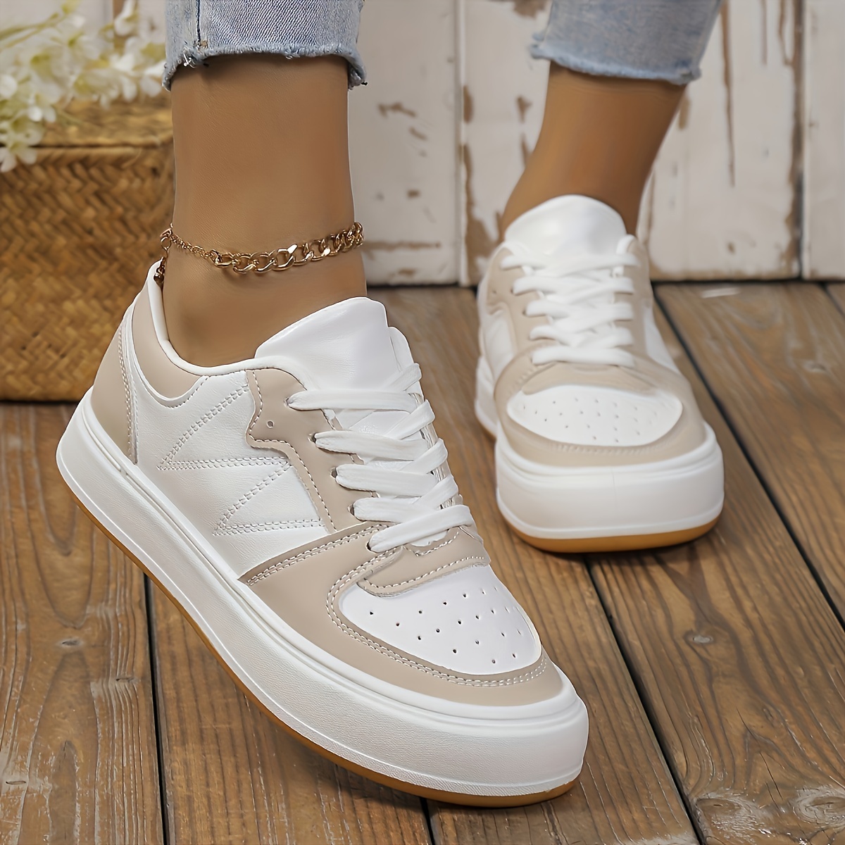 

Women's Contrast Color Casual Sneakers, Lace Up Platform Soft Sole Walking Skate Shoes, Breathable Low-top Trainers