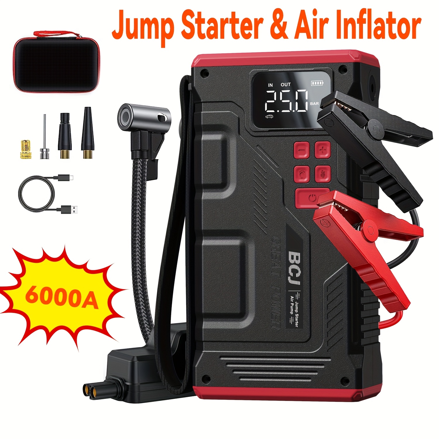 TEMU Bcj Portable Car Jump Starter With Air Compressor 6000a Jump Starter & Air Inflatorpeak (9.0l Gas, 8.0l ) With 150 Psi Tire Inflator, 12v Car Battery ,, Car Battery Jump Starter
