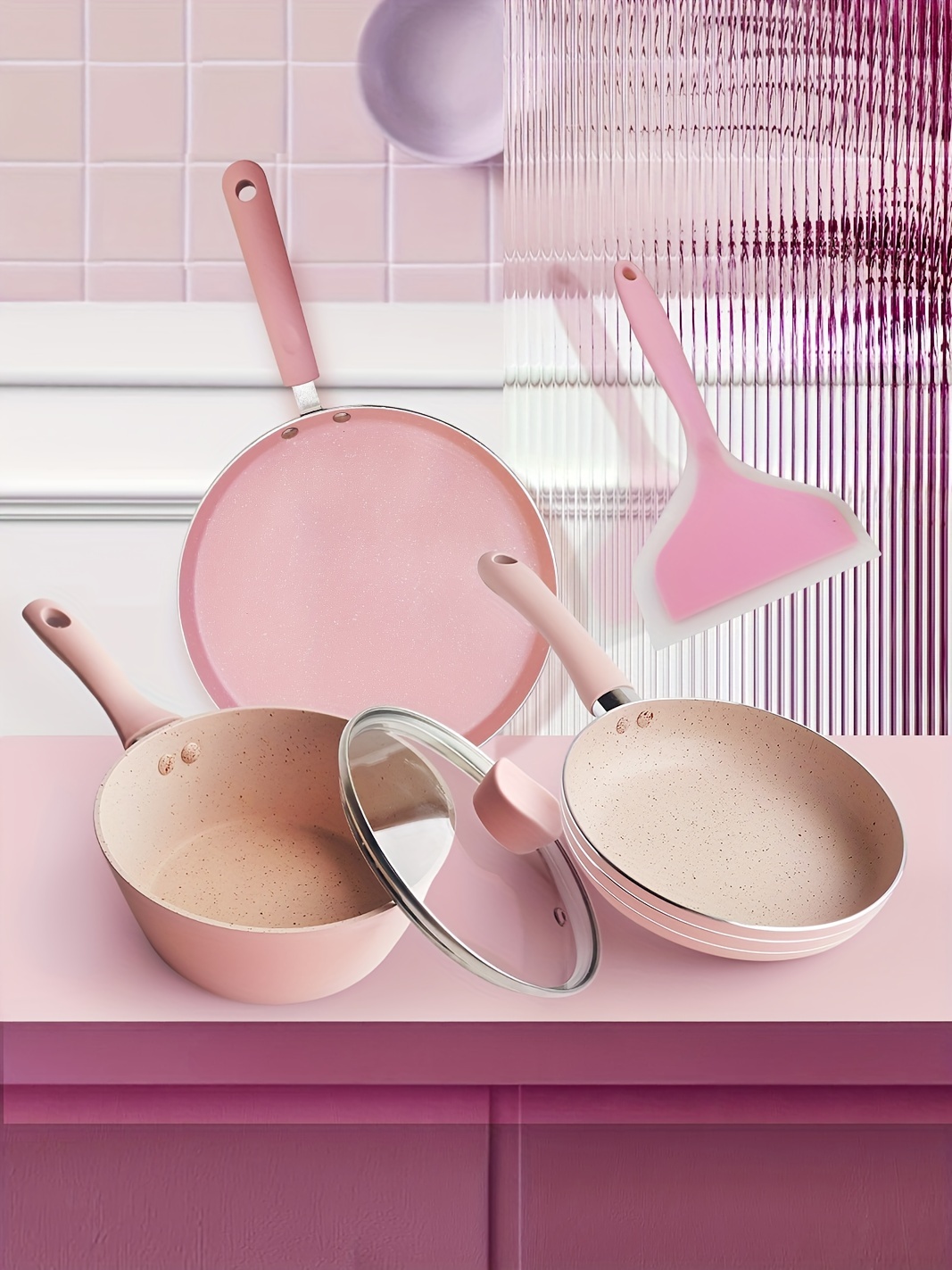 kitchen pink mini pot set 1 person cooking utensils 4pcs set flat bottom pot egg frying pan silicone spatula soup pot milk pot pink theme restaurant pancake pan crepe pan details 0