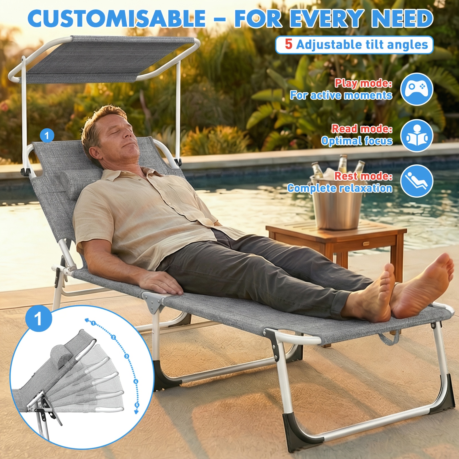 Foldable Beach Chair, Lightweight With A Weight Capacity Of Up To 120 , Foldable Beach Chair With Sun Protection Function, Outdoor Chair With Adjustable Backrest, Outdoor Lounge Chair
