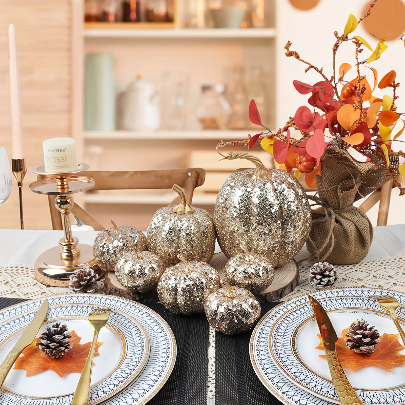 

7pcs Champagne Glitter Artificial Pumpkins Set For Thanksgiving Decor, Unique Fall Tabletop Decoration, Seasonal Harvest Indoor Outdoor Porch Display, Non-electric Festive Home Accents