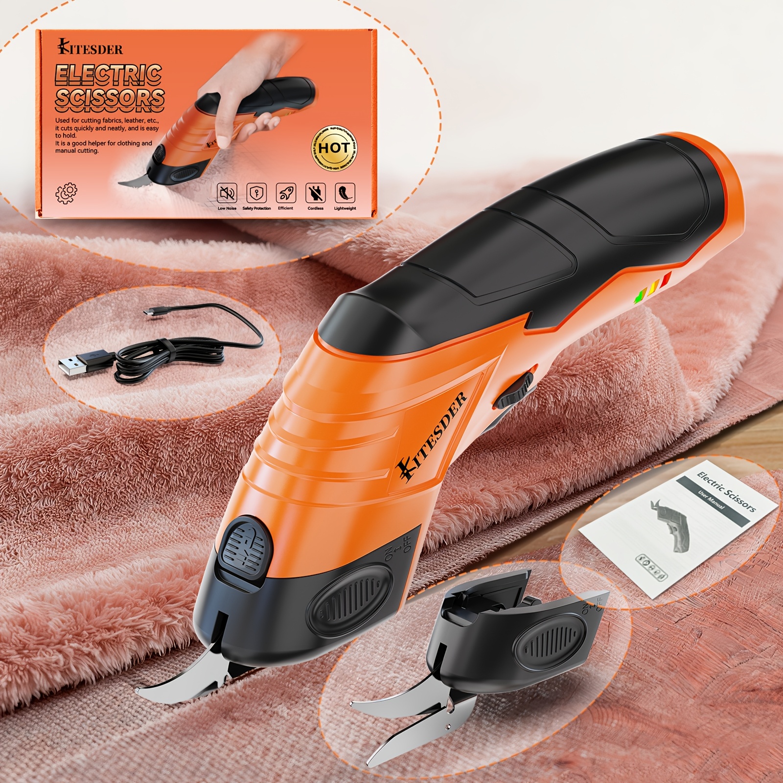 TEMU Cordless Electric Scissors, Usb Rechargeable Lithium Battery, Replaceable Scissor Heads, With Safety Lock, Ergonomic Nonslip Handle, High Speed,