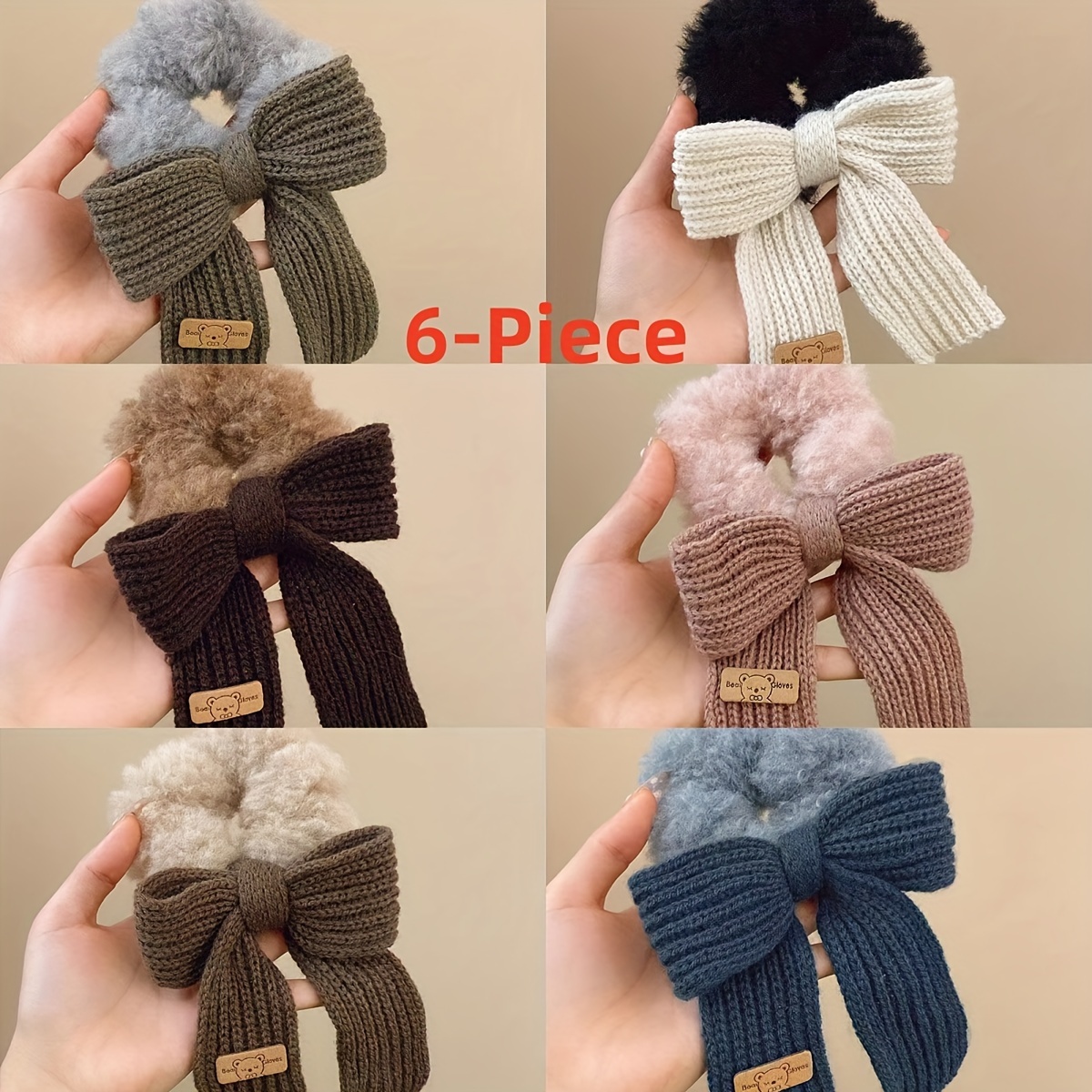 TEMU 6-piece Knitted Bow Fluffy Hair Ties Set For Women, Cute Cozy Bow Scrunchies, Casual Solid Color Hair Accessories, Birthday Holiday Party Favor , Christmas New Year Winter Gifts