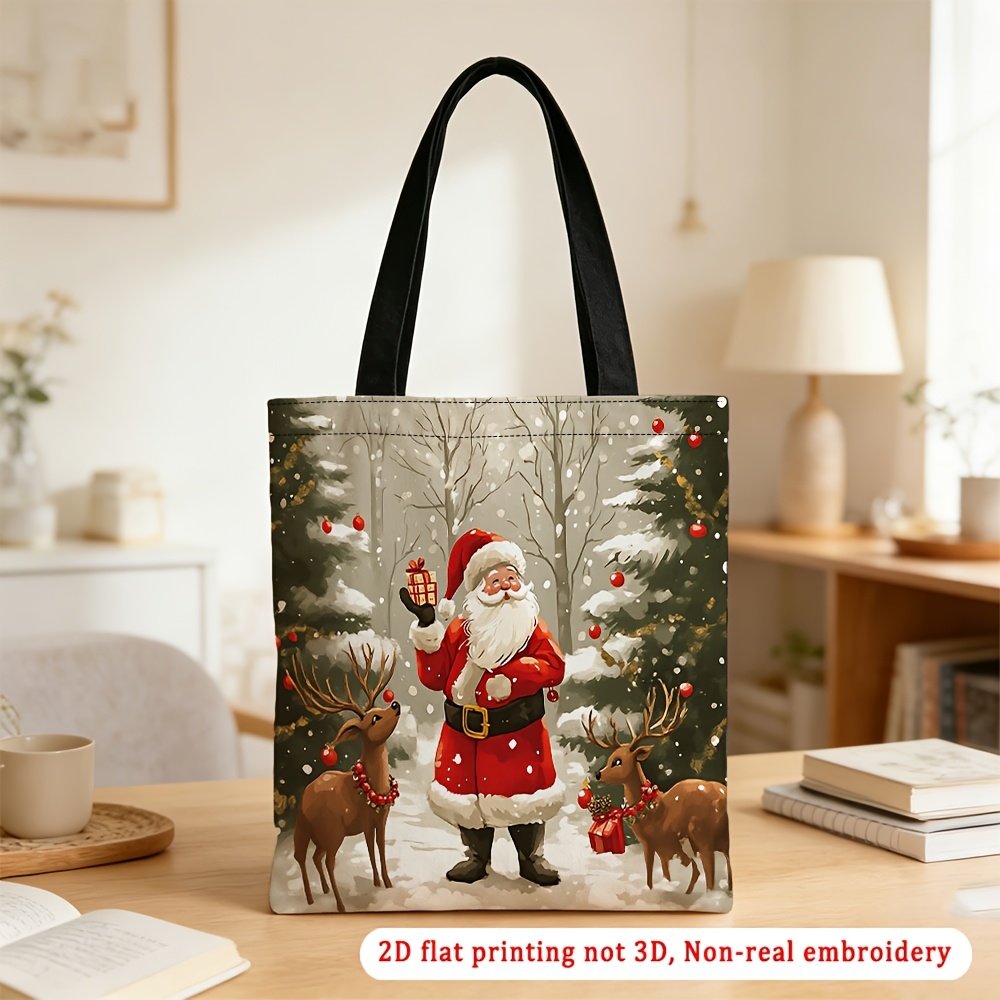 TEMU Women's Hemp Tote Bag Suitable For Outdoor Travel & Holiday Gifts - Santa Reindeer Snow Print Christmas Shoulder Bag, Machine Washable