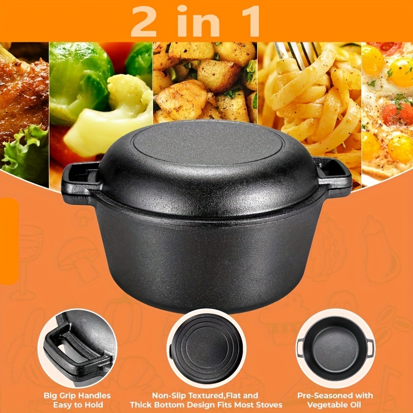 

5.1 Quart & 1.9 Quart Convertible Lid ( Functions As ): Dutch Oven Set, Complete With Silicone Handles And Iron Stand - Ideal For Oven, Stovetop, Bbq, Grill, And Campfire Cooking