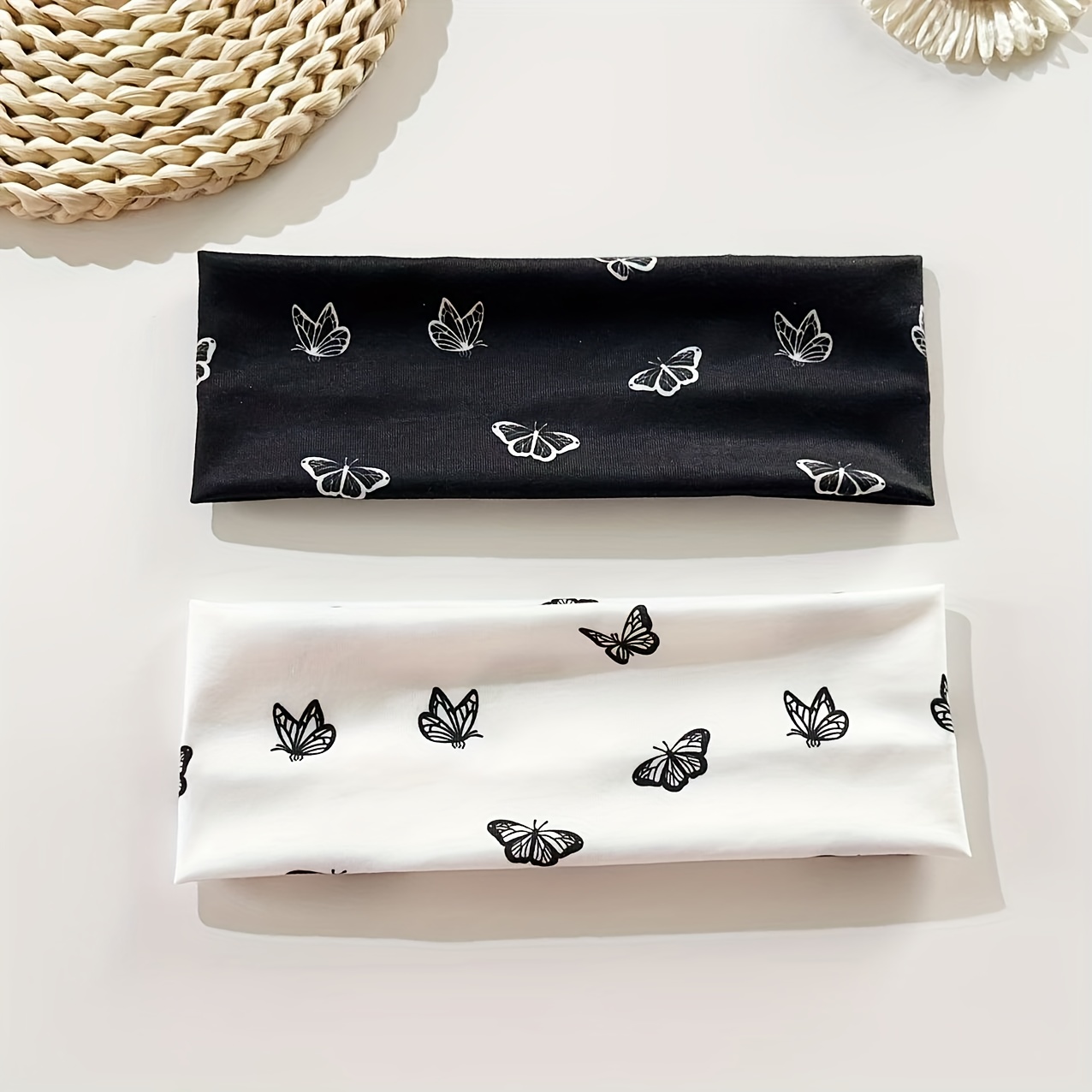 E-shop 2er-Set Damen Stirnband mit süßem und elegantem Schmetterlingsmuster, klassisches -Farbschema, weicher und bequemer, hautfreundlicher Stoff,