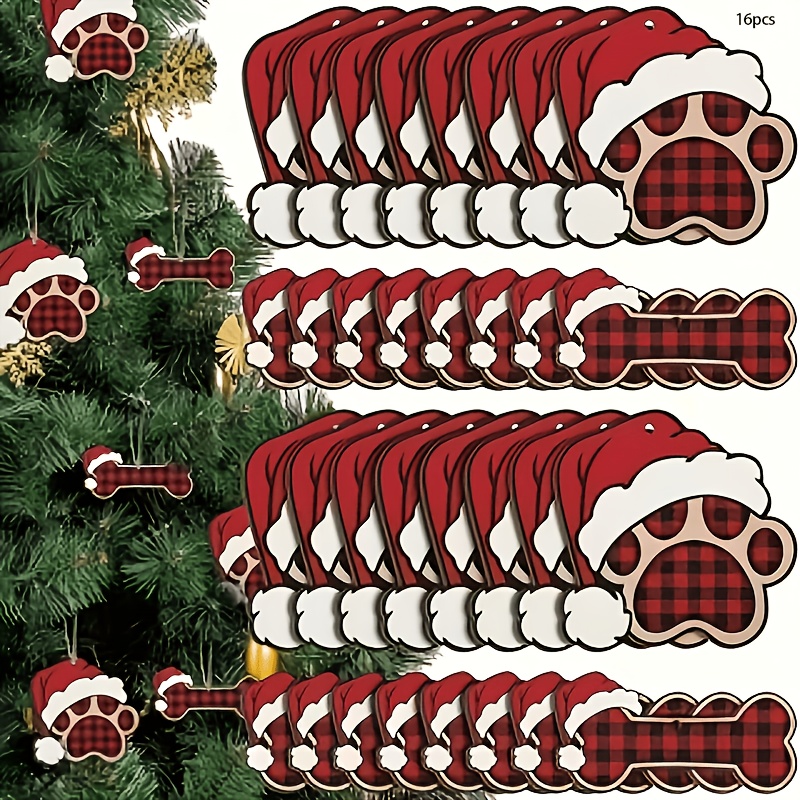 TEMU 2d Flat 16pcs Wooden Christmas Ornaments, Wooden Dog , Dog Bones Grid Christmas Tree Decorations Home Decor