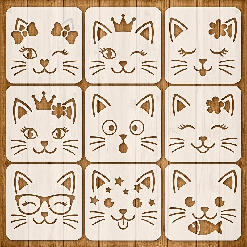TEMU Lot de 9 pochoirs visage de chat 5x5 pouces, ensemble de pochoirs de chat , pochoirs chat avec nœud, couronne, lunettes, étoile de mer, pochoirs