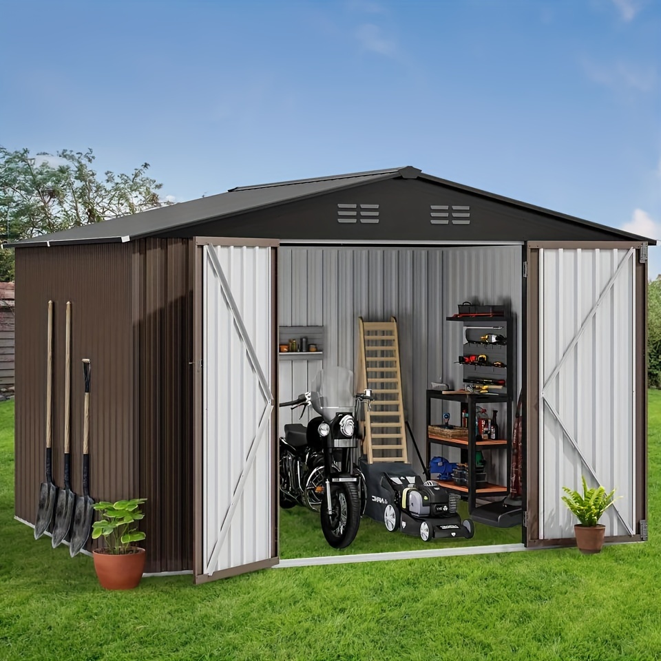 

Homiflex 10x8 Ft Outdoor Storage Shed - Spacious Garden Tool Shed With Lockable Door - Durable Metal Yard Shed For Garden, Patio, And Backyard (brown)