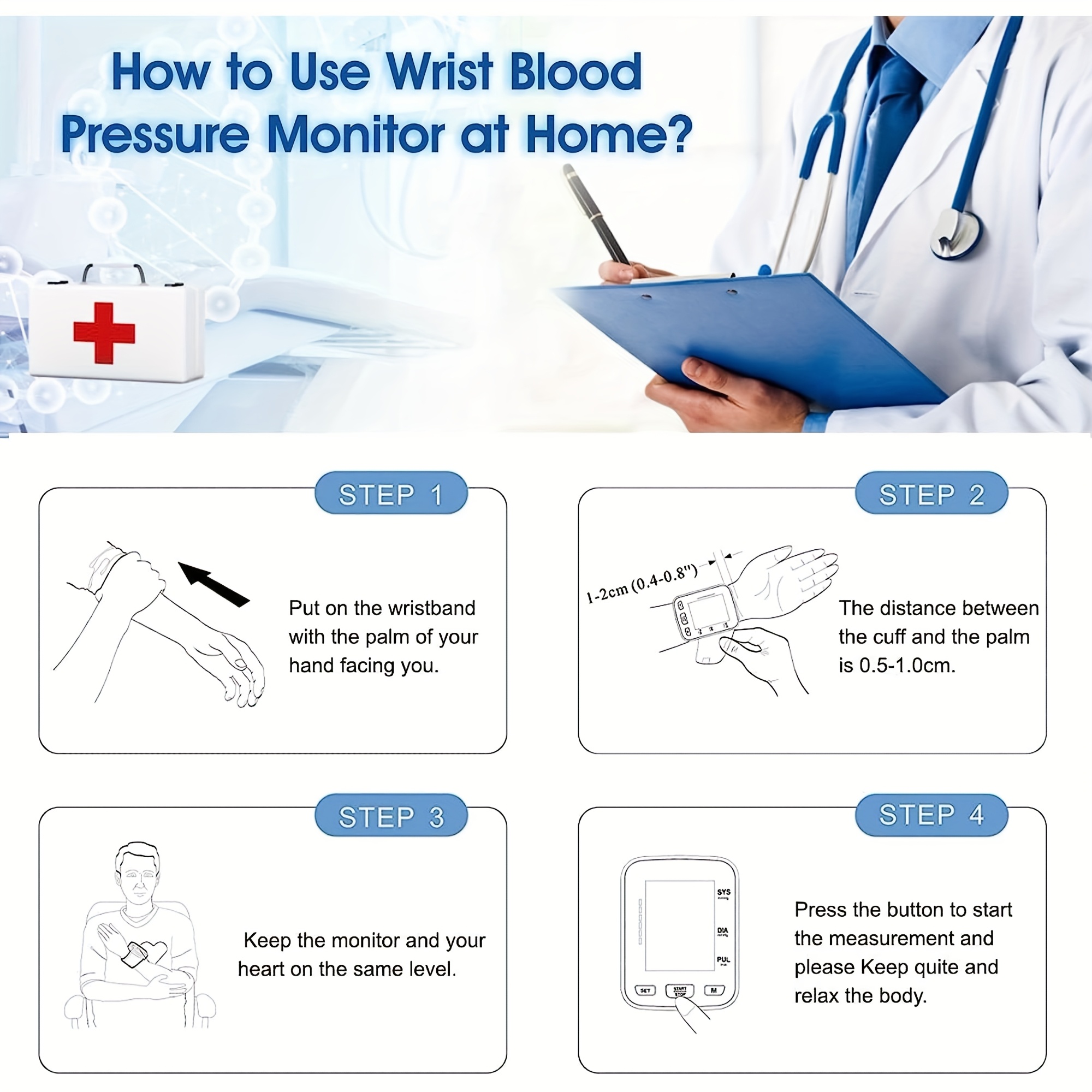 automatic wrist blood pressure monitor with adjustable cuff 90x2 memory storage large lcd display and heart rate sphygmomanometer readings battery powered for home use wrist bp monitor userfriendly design clear   Product details 6