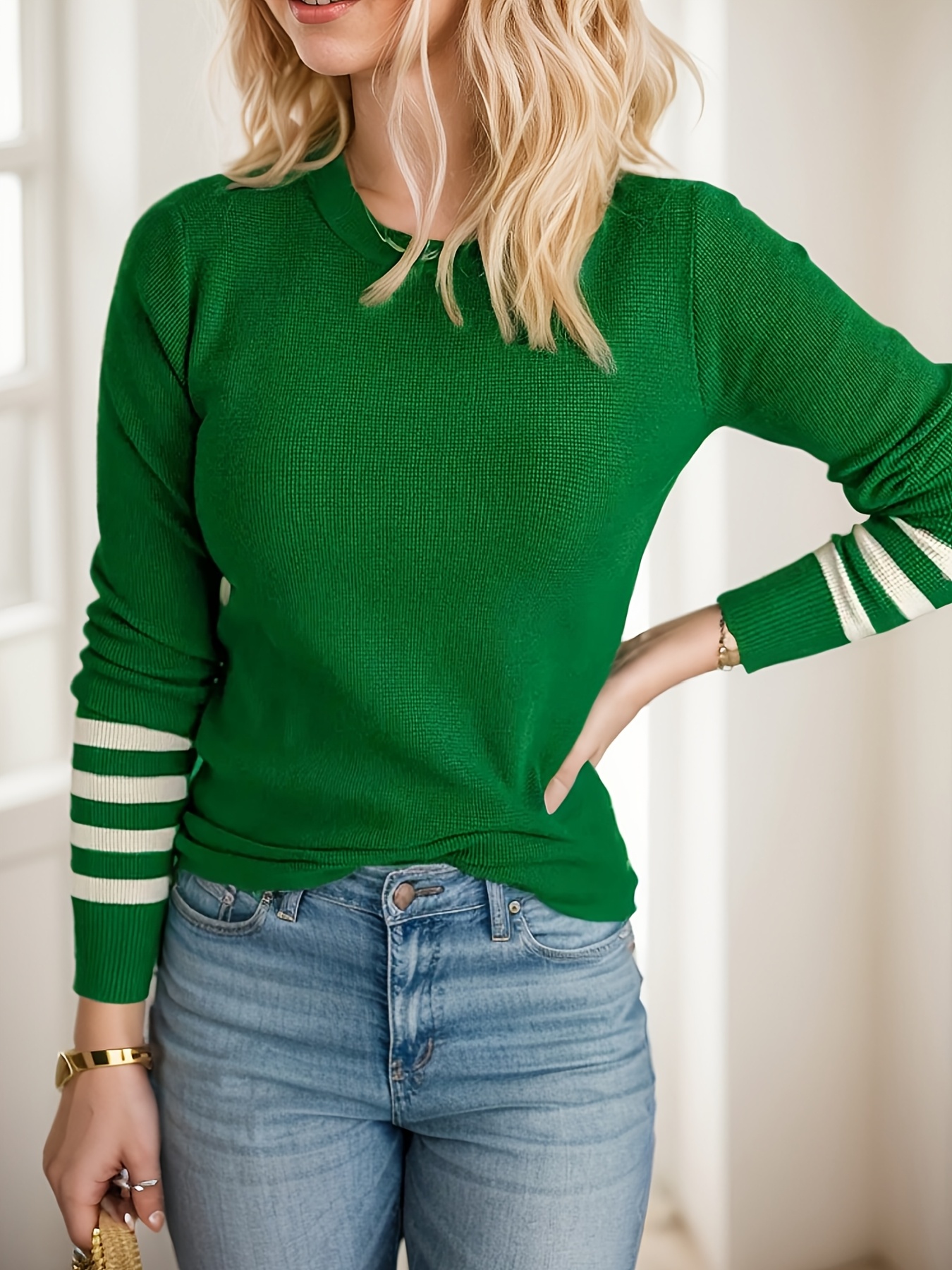 Suéter de Mujer Ajustado a Rayas Verde/*/Beige/* Suéter de Invierno de  Larga y Cuello para Outfits Casuales, Túni - Main Image