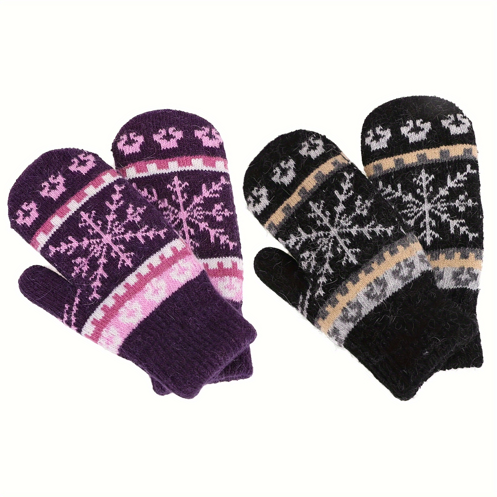 

2pairs Snowflake Pattern Mittens Thickened Warm Ski Gloves Winter Coldproof Elastic Gloves For Women