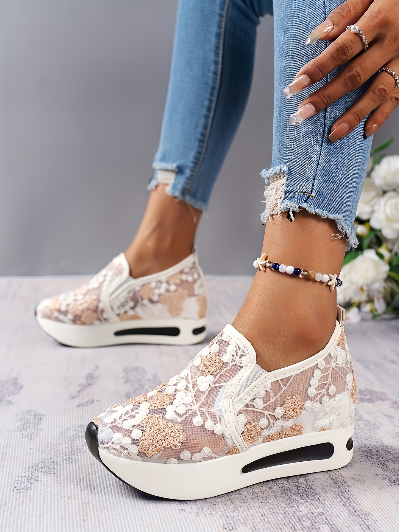 chic womens lace mesh sneakers breathable anti skid slip on platform shoes with   ladies sneakers details 8