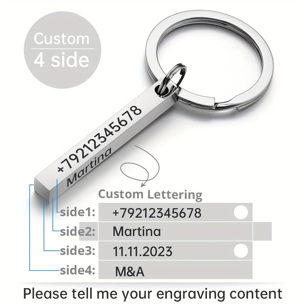 E-shop Personalisierter Schlüsselanhänger Edelstahl 4-seitiges Gravur mit Text Namen Logo Nummer Benutzerdefinierter Ring für Vatertag Muttertag Freund
